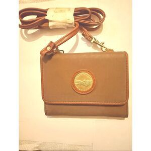 Vintage Perry Ellis America Womens Leather Crossbody Trifold Wallet Bag Tan NWOT